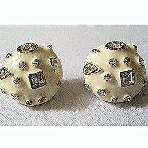 Craft White Button Crystal Clip On Earrings Silver Tone